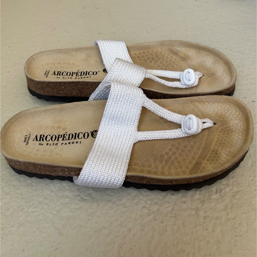 Arcopedico Vega White Woven Stretch Thong Sandals Womens 38 Portugal Comfort